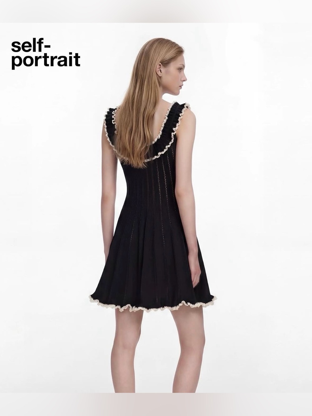 NEW Self-Portrait Black Contrast Trim Knit Mini Dress Ruffle Bow | US XS - Picture 4 of 14